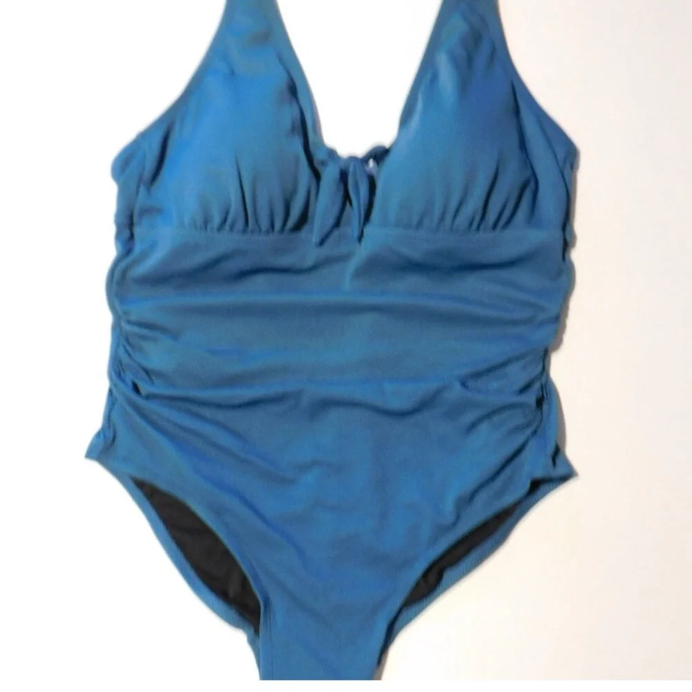 Kona Sol Women's Swimsuit Size 24W Teal Keyhole Back Ruched Center Adj‎ Straps